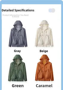 Four colors of lightweight sun protection jackets including gray, beige, green and caramel