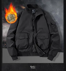 Front view of black bomber jacket with tactical pockets and quilted thermal lining