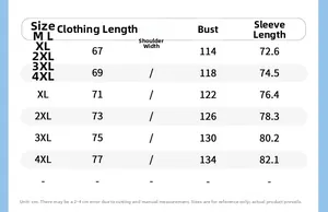 Detailed size chart for sun protection jacket from M to 4XL with length and bust measurements