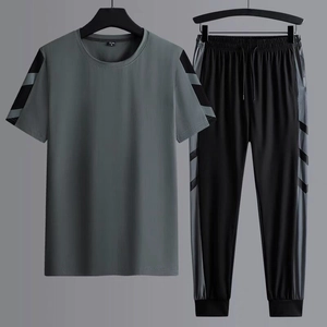 Men Sports Casual Outfit Ice Satin Quick Dry T-Shirt And Long Pants Geometric Stripe Splicing Tracksuit For Running Gym Summer