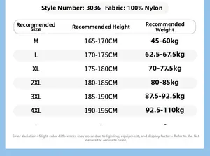 Size chart for ice silk UV sun protection jacket with height and weight measurements
