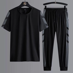 Men's ice silk quick-dry sports set with short sleeve T-shirt and grey striped pants
