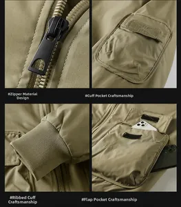 Detail view of khaki tactical jacket featuring zipper, arm pocket, and functional cargo storage