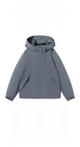 Macro detail of dark grey waterproof hiking jacket with adjustable hood and pocket
