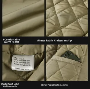 Detail view of army green quilted flight jacket fabric, diamond seams and inner pocket