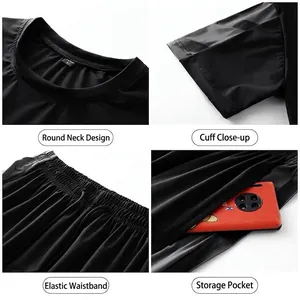 Men's ice silk quick-dry sports t-shirt and pants set with detailed 4-grid display