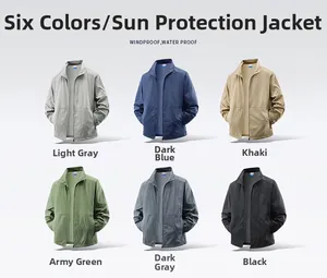 Detail view of lightweight sun protection jackets in six colors with zip-up design
