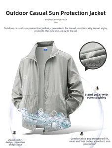 Detail view of light gray sun protection jacket with windproof zipper pocket and stand collar