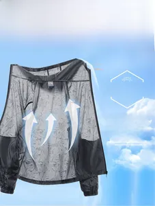Détails de la veste de protection solaire grise légère avec imprimé palmier