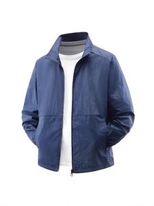 Men's navy blue lightweight outdoor sun protection jacket with stand collar and zipper