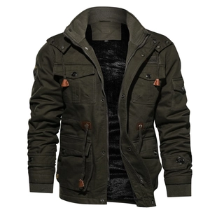 Detail of army green cargo jacket showing warm black fleece lining and size label