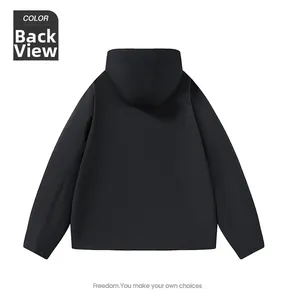 Rear view of a black hooded windbreaker jacket featuring waterproof outdoor fabric