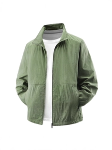 Men's lightweight grass green outdoor sun protection jacket with stand collar and zipper