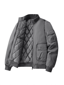 Men's retro dark grey flight jacket with multi-pocket design and warm quilted lining
