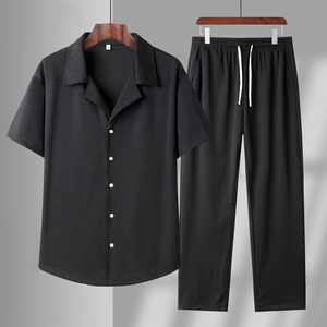 Men Casual Polyester Short Sleeve Shirt And Long Pants Set Ribbed Texture Summer Loungewear Top And Bottom Outfits For Men