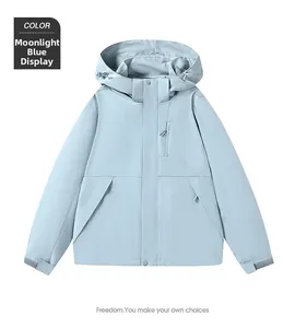 Detail view of Moonlight Blue outdoor jacket with adjustable cuffs and hood