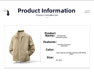Detailed chart for khaki men sun protection jacket showing waterproof and breathable fabric