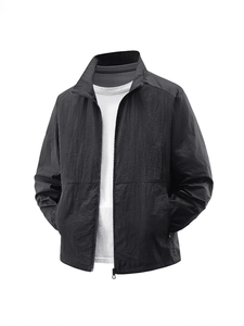 Men's lightweight black windbreaker jacket with stand collar and zipper closure