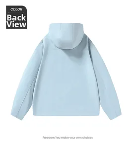 Detail view of the back structure and hood design of this light blue outdoor jacket