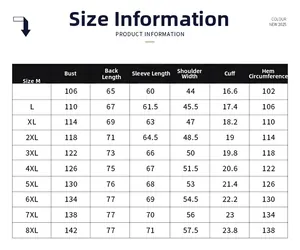 Detailed size chart for men's sun protection jacket with measurements from M to 8XL
