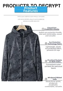 Détail de la veste anti-UV gris foncé avec imprimé feuilles de palmier et zip à capuche