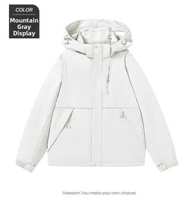 Detail view of Shanchuan Grey windbreaker featuring a zippered chest pocket and adjustable hood