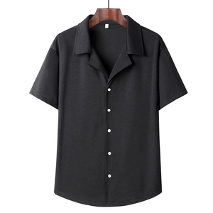 Men's black short sleeve ice silk shirt with Cuban collar and contrast buttons