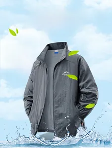 Close-up of lightweight grey sun protection jacket with breathable mesh fabric detail