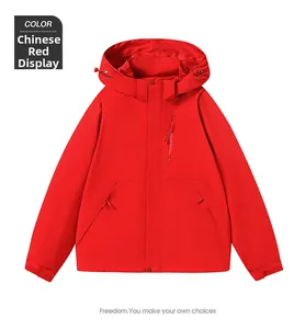Close-up of red waterproof outdoor jacket with hood, zipper pockets, and velcro cuffs