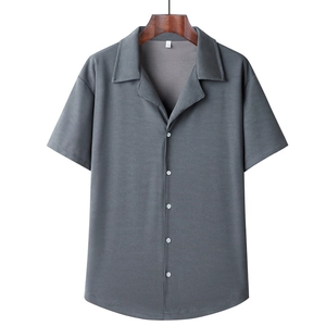 Men's dark gray short sleeve ice silk shirt with vertical rib texture and Cuban collar