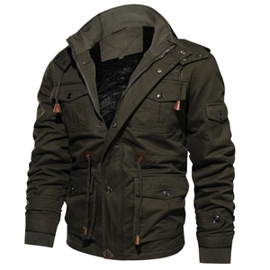 Close-up of olive green cargo jacket with thick black fleece lining and L-size label