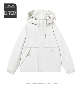 Detail of eco-friendly gray windbreaker featuring hooded design and waterproof zip pockets