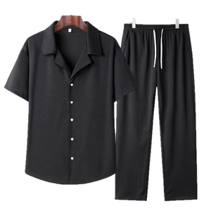 Men's summer quick-dry black short sleeve shirt and long pants set with ribbed texture