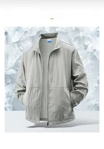 Close-up of light gray quick-dry sun protection jacket with breathable cotton spandex fabric