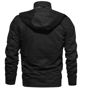 Detailed back view of men hooded fleece jacket with ribbed cuffs and stitching