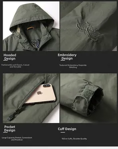 Détails de veste vert armée avec capuche, broderie, poches zippées et poignets avec velcro