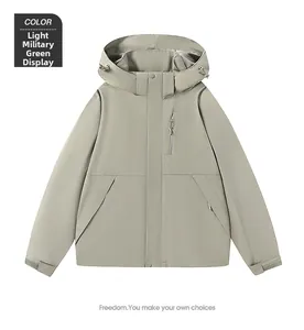 Detail of light army green waterproof jacket with adjustable hood and zipper pockets