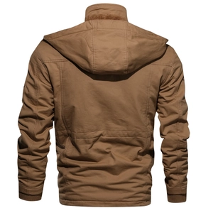 Detail of khaki men's hooded jacket featuring brown fleece lining and ribbed cuffs