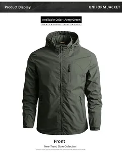 Détails de la veste coupe-vent vert armée avec capuche réglable et poches zippées