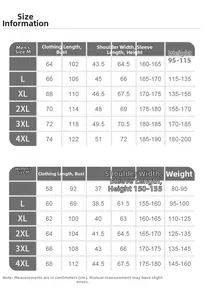 Detailed size chart for men and women's UPF50+ ice silk sun protection clothing
