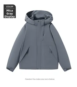 Detail of mica grey outdoor windbreaker jacket with adjustable hood and zipper pockets