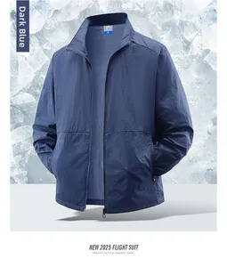 Detail of dark blue sun protection jacket with zip closure and breathable fabric texture