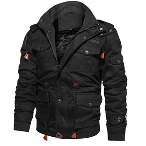 Detailed view of winter military cargo jacket with thick fleece lining and hood