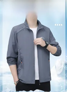 Close-up of grey ice silk sunscreen jacket with breathable mesh and zip pockets