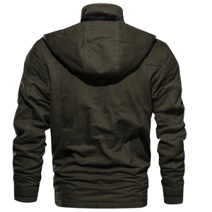 Detailed back view of a men's heavy hooded canvas jacket in dark military green color