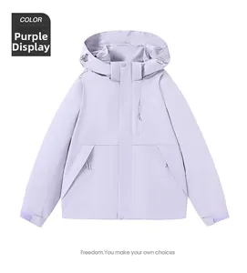 Detail of light purple waterproof jacket with adjustable drawstring hood and zipper pockets
