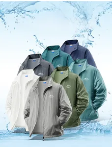 Detail of lightweight sun protection jackets in multiple colors with cooling water splash effect