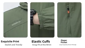 Détails de la veste de protection solaire vert kaki avec poignets élastiques et poches zippées