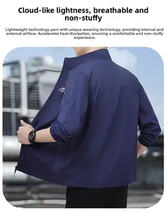 Detail of navy blue lightweight sun protection jacket showing breathable fabric and stand collar