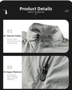 Detail view of the standing collar and high-quality zipper on light gray sun protection jacket